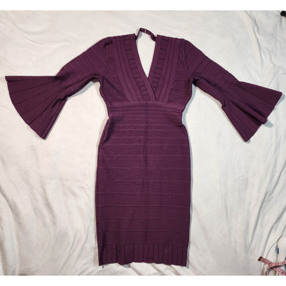 Herve Leger Purple Bandage Bell Sleeve V-Neck Bodycon Dress M HBF64P95-546